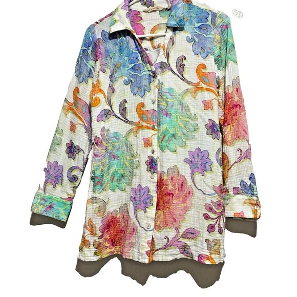 Soft Surroundings Escambia Gauze Tunic Shirt Multi XS Painterly Floral Collared - Picture 2 of 7